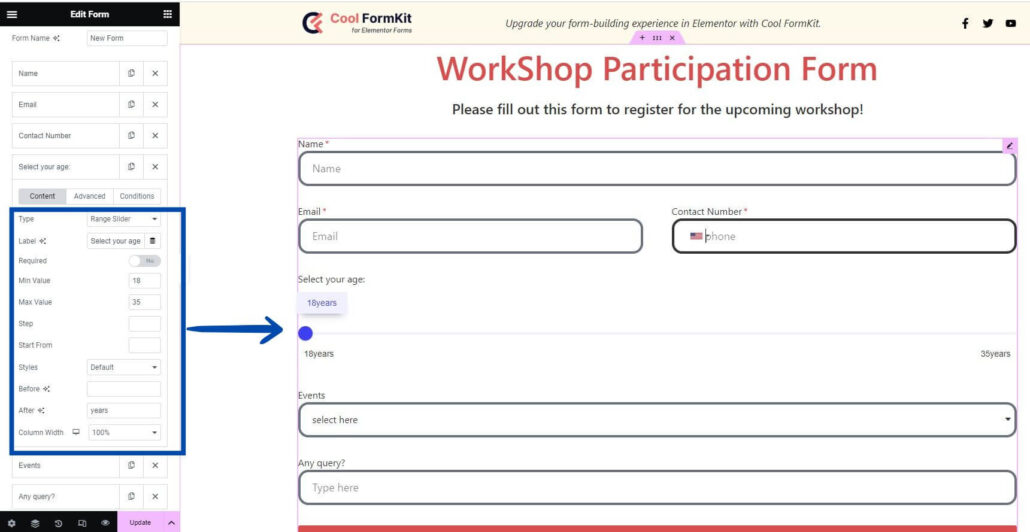 range slider type in Elementor form