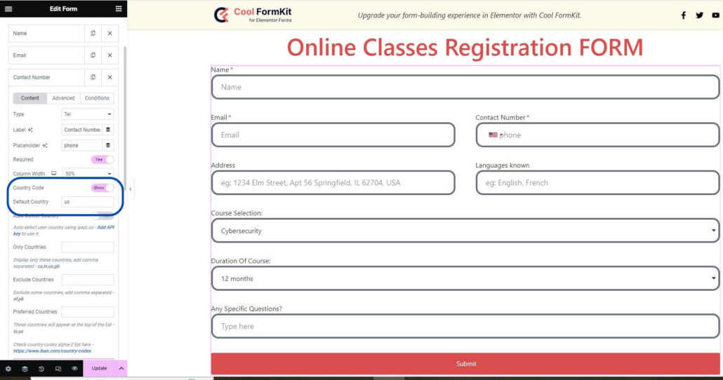 country and default country code section