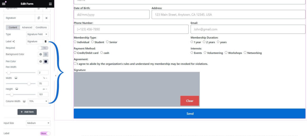 Content of signature field Elementor form