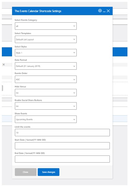 The events calendar shortcodes setting